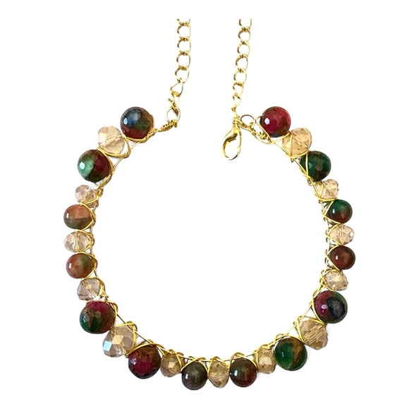 Hand Wired Bracelet with Stained Glass, Crystals and Painted Glass on Bangle - Picture 2 of 4